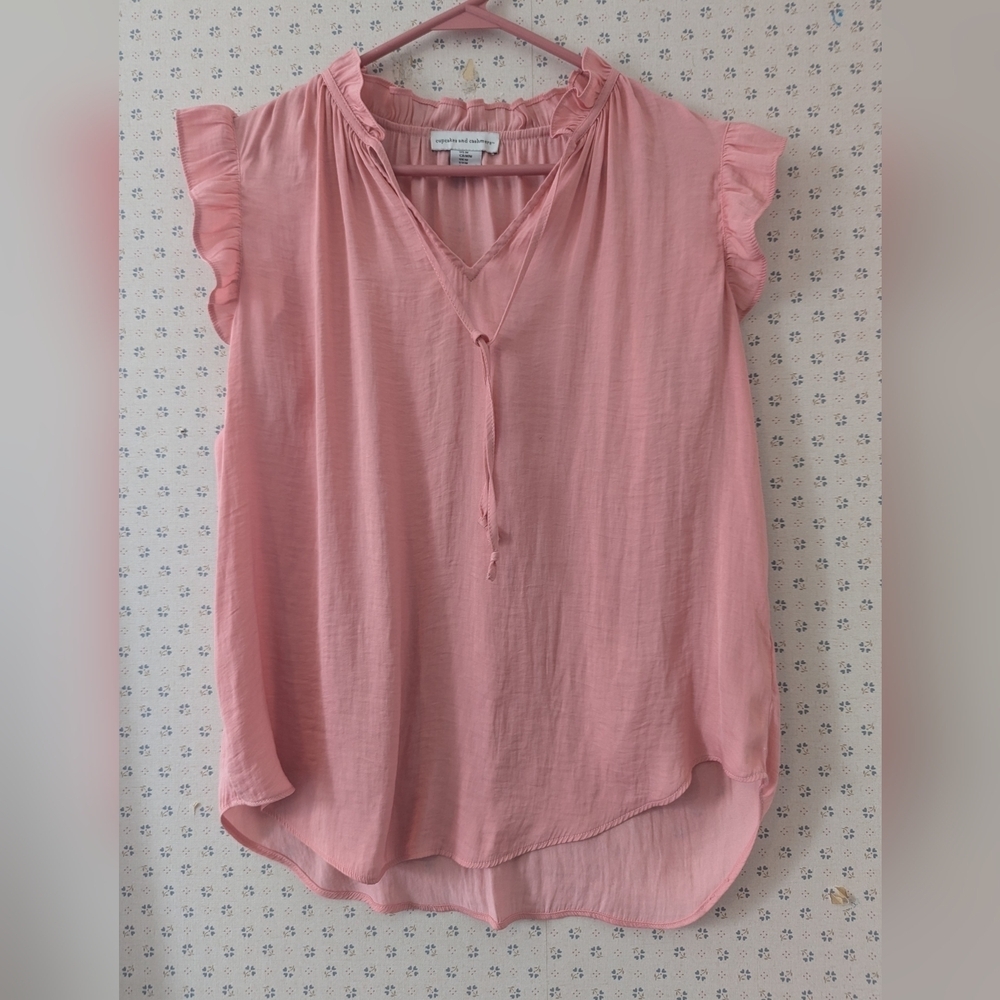 Cashmere and Cupcakes Top Pink Ruffle Silk Feel Sleeveless Blouse Tie Layer